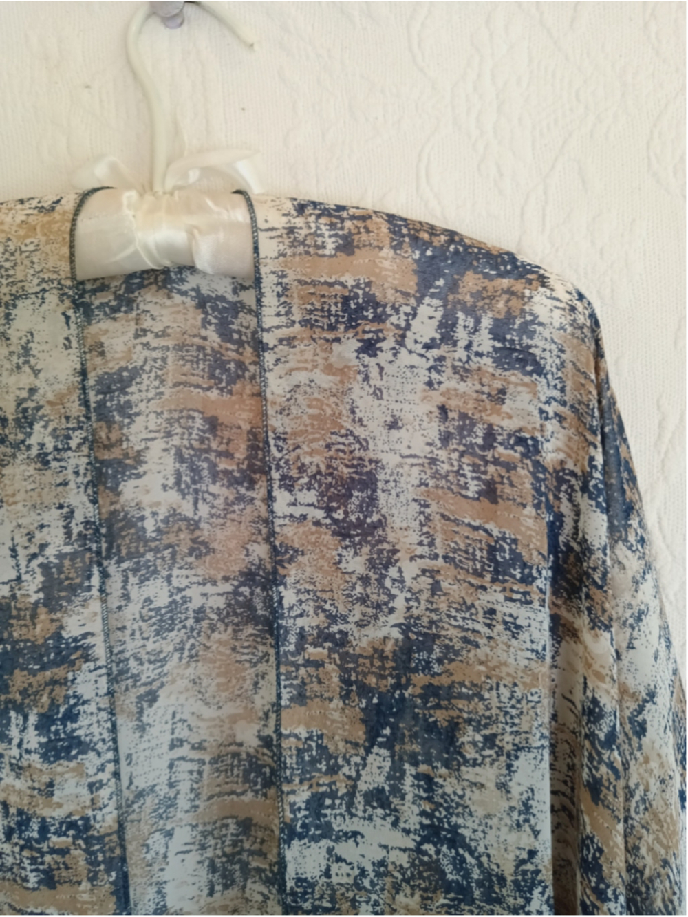 Sand n Sky Abstract Print Kimono sheer open front Blouse Beige Blue flowy draped - Picture 3 of 8